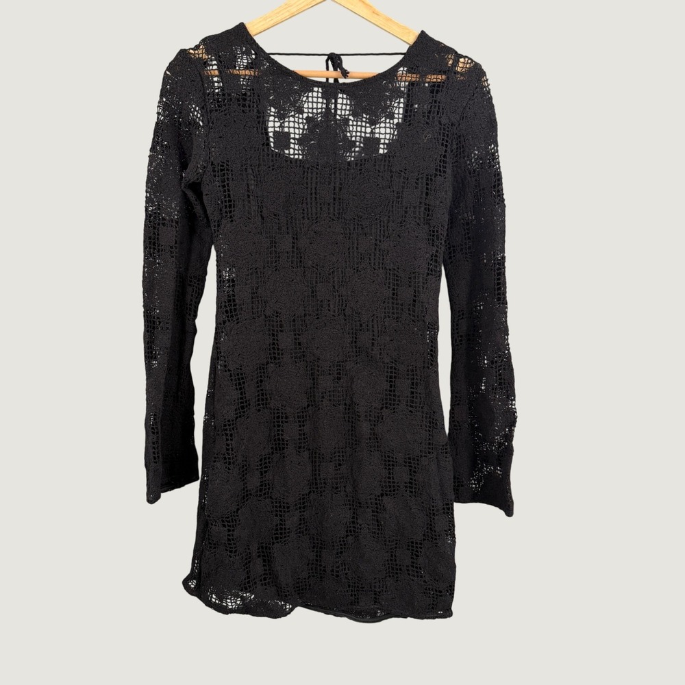 Mango MNG Black Crochet Lace Mini Dress Size 2 Lined Open Back